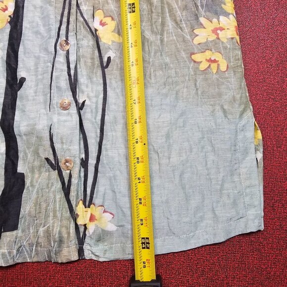 Citron Watercolor Floral Linen Silk Button Up Shirt XS Mandarin Collar Coastal - Picture 7 of 9
